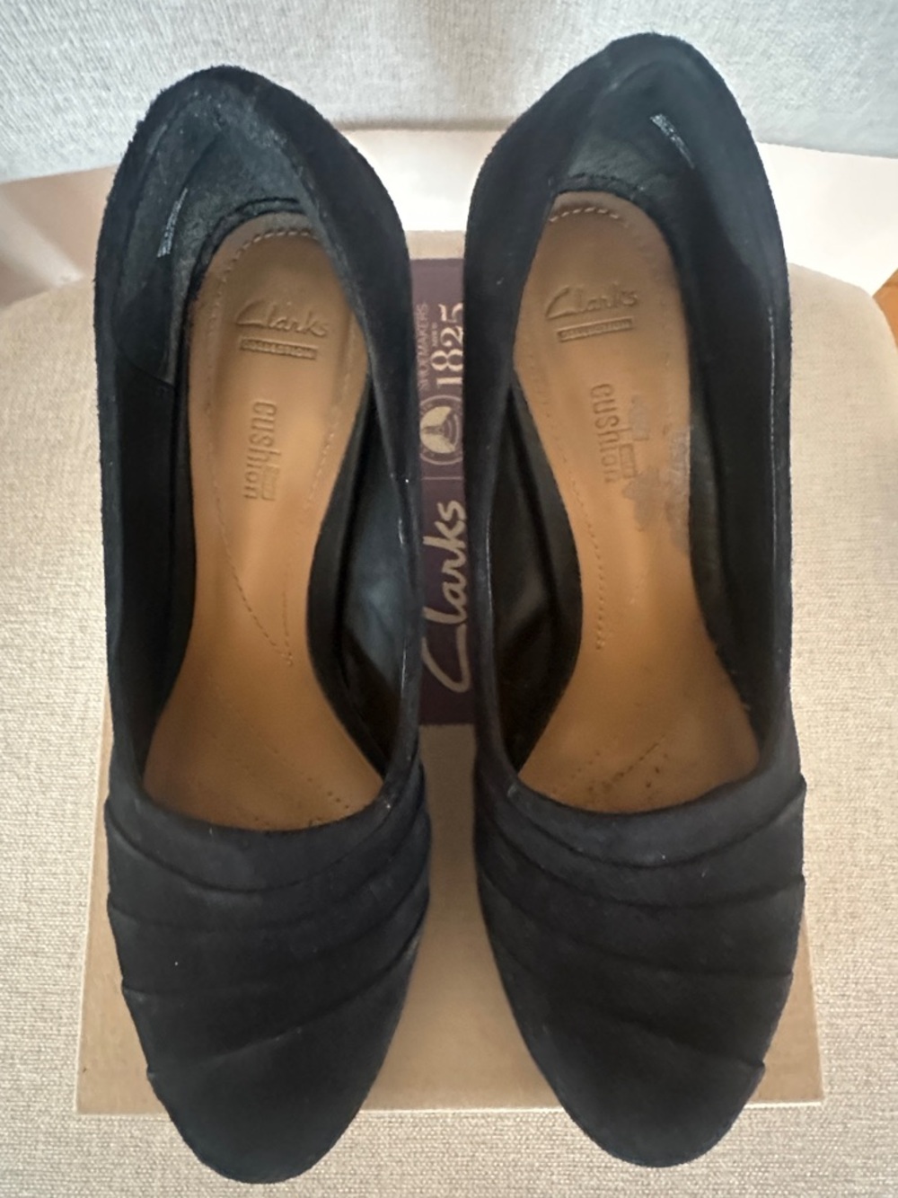 Clarks Black Suede Pleated Cushion Pumps
